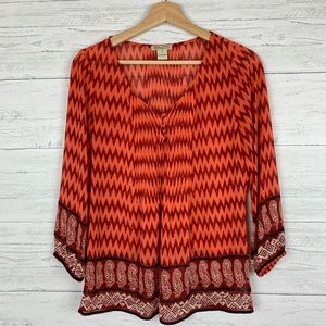 Lucky Brand//Flowy Boho Sheer Orange & Red Blouse